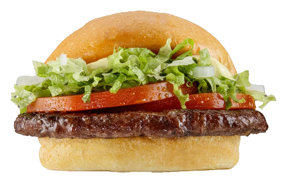 Burger clásica By Papas con pan de papa, carne, lechuga, tomate y cebolla